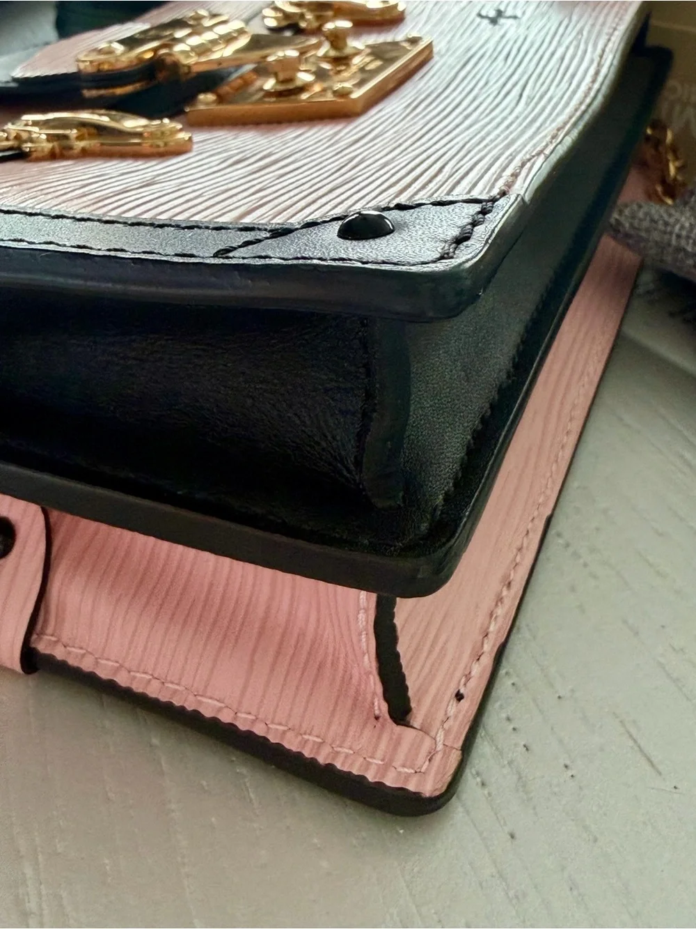 Authentic Louis Vuitton M53191 Petite Malle Clutch/Crossbody Black and Rose Pink